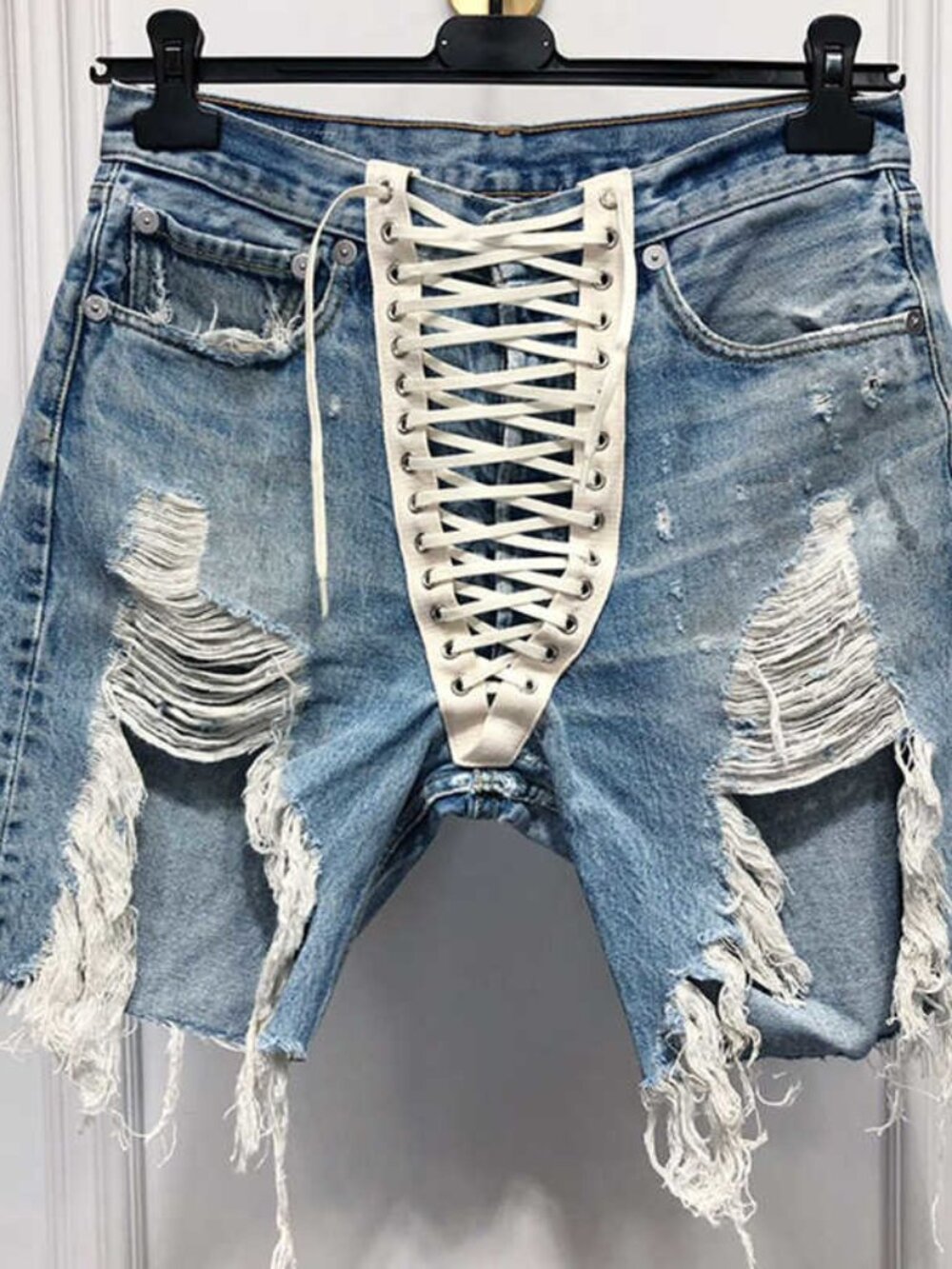 Distressed Shoelace Denim Shorts